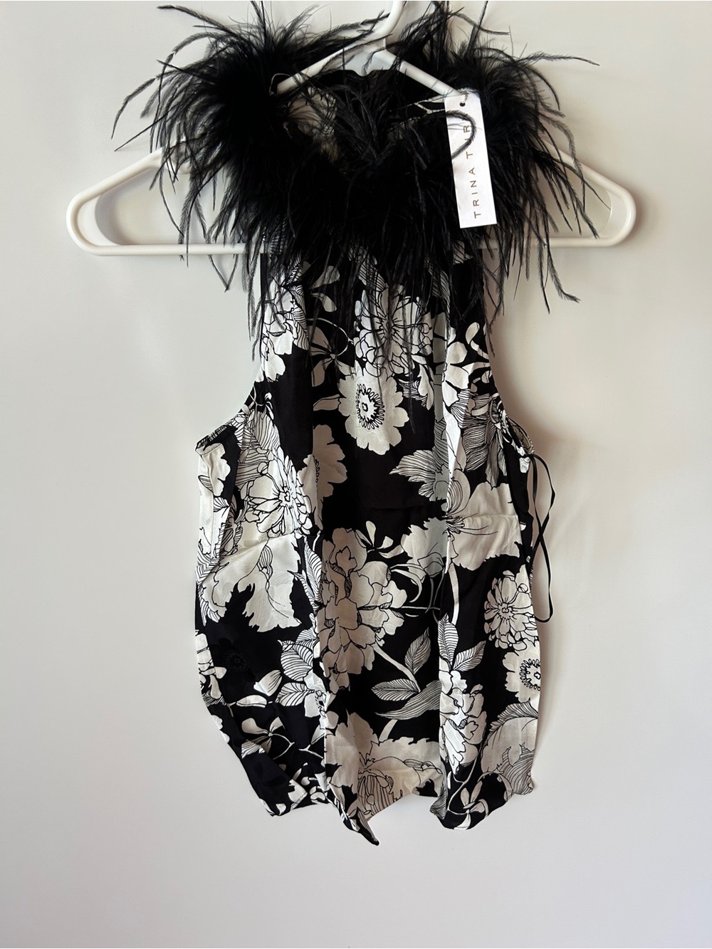 Trina Turk Black and White Floral Feather-Trim Halter Camisole
